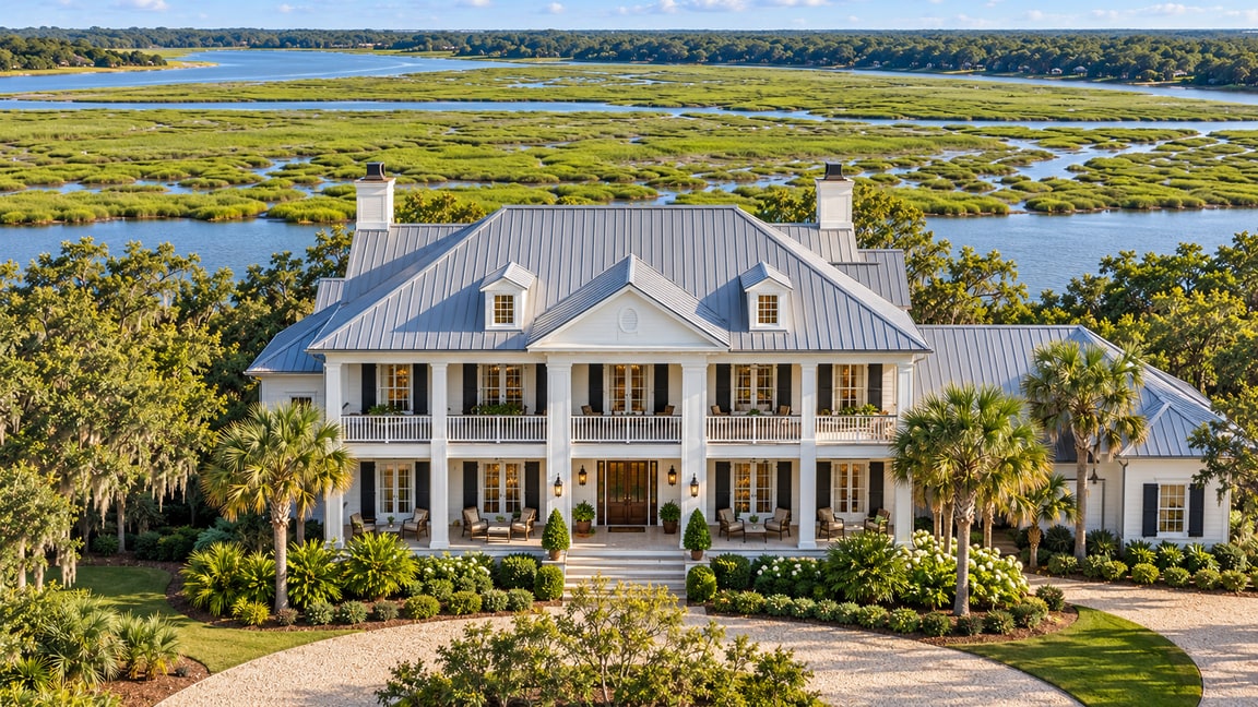 A Southern coastal home with a silver metal roof and curved driveway beside a tidal river and green marsh
